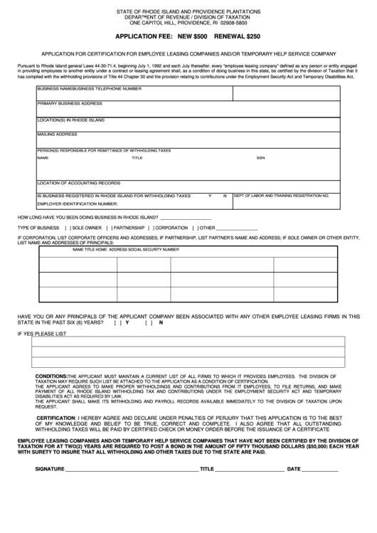 Application For Certification For Employee Leasing Companies And/or