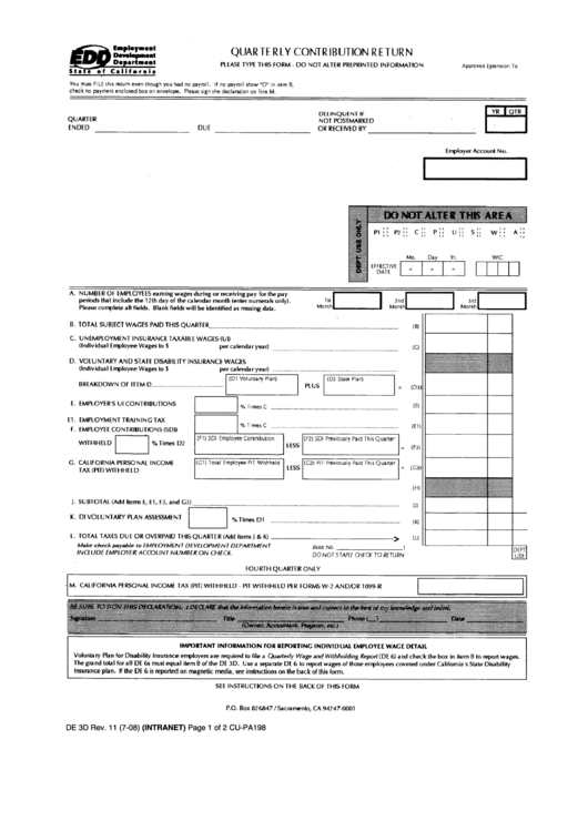 Form De 3d - Quarterly Contribution Return Printable pdf