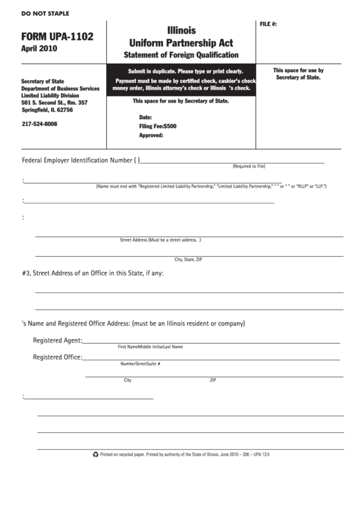 Fillable Form Upa-1102 - Illinois Uniform Partnership Act 2010 Printable pdf