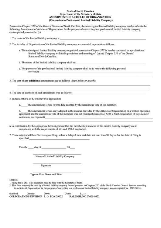 Fillable Form L-21 - Amendment Of Articles Of Organization (Conversion To Professional Limited Liability Company) Printable pdf