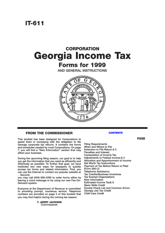 Form It-611 - Georgia Income Tax Forms And General Instructions - Georgia Department Of Revenue - 1999 Printable pdf