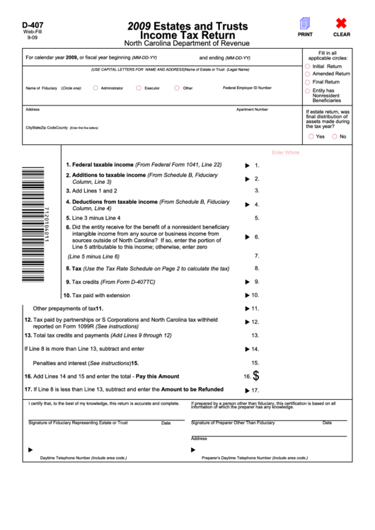 Fillable Form D-407 - Estates And Trusts Income Tax Return - 2009 Printable pdf