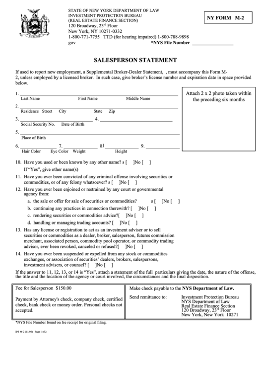 Fillable Ny Form M-2 - Salesperson Statement Printable pdf