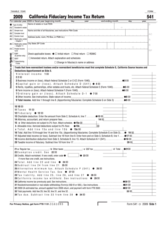Fillable Form 541 - California Fiduciary Income Tax Return - 2009 Printable pdf