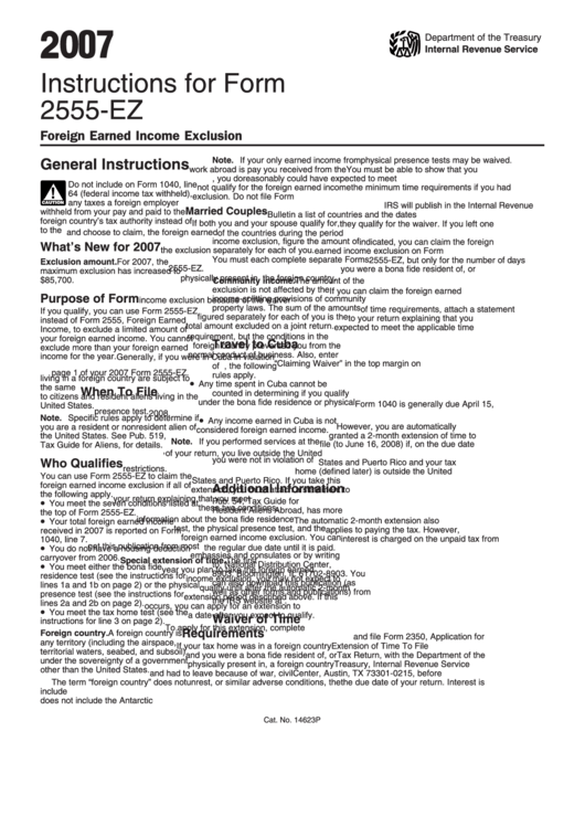 Instructions For Form 2555-Ez - Foreign Earned Income Exclusion - Internal Revenue Service - 2007 Printable pdf