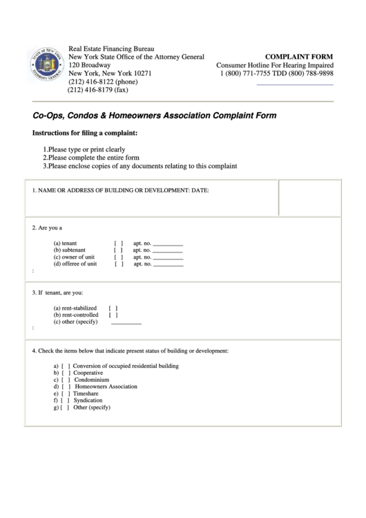 Fillable Co-Ops, Condos & Homeowners Association Complaint Form Printable pdf