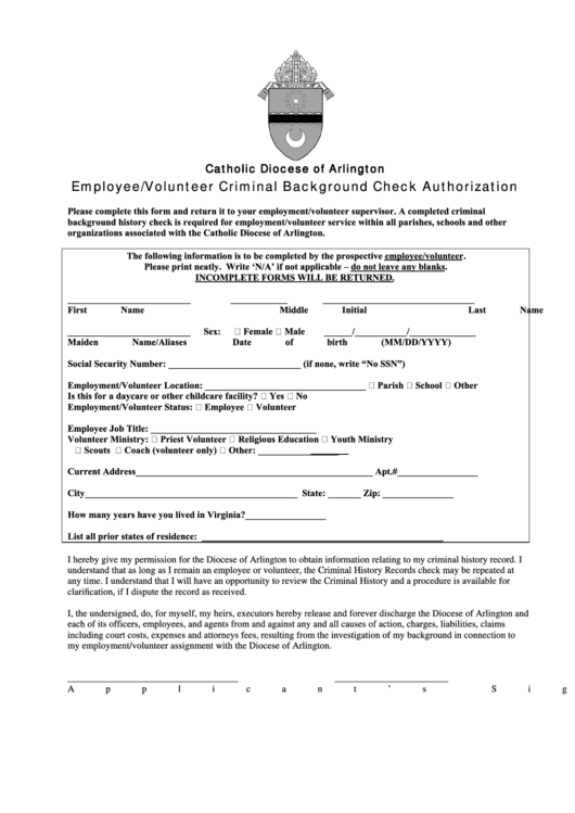 Employee/volunteer Criminal Background Check Authorization Printable pdf