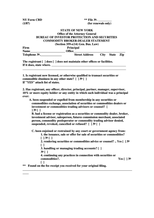 Ny Form Cbd - Bureau Of Investor Protection And Securities Commodity Broker-Dealer Statement 1987 Printable pdf