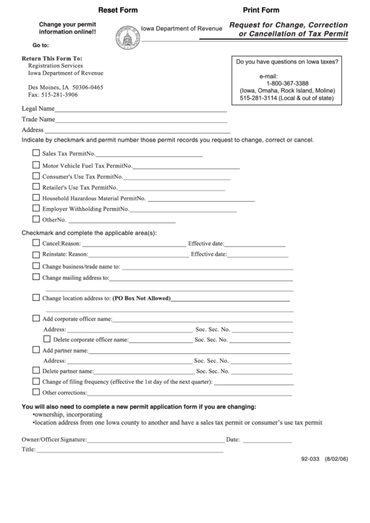 Fillable Form 92-033 - Request For Change, Correction Or Cancellation Of Tax Permit Printable pdf