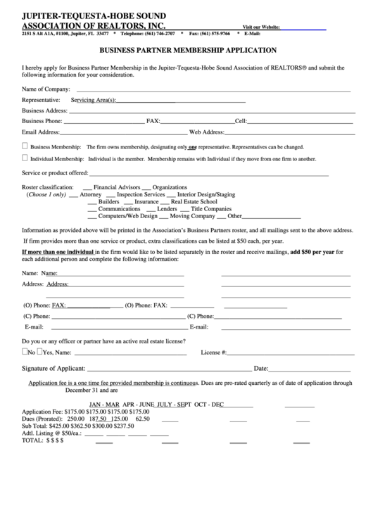Business Partner Membership Application Form Printable pdf