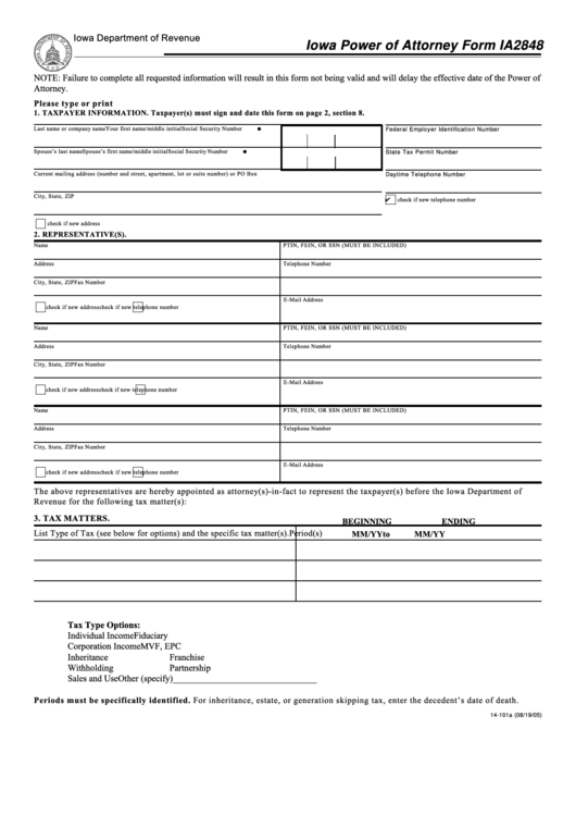 Fillable Form Ia2848 - Iowa Power Of Attorney Printable pdf
