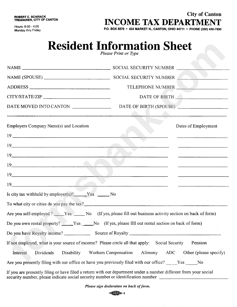 City Of Canton Resident Information Sheet