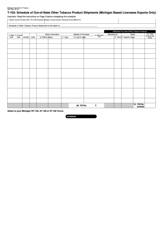 Form 4257 - T-103 - Schedule Of Out-Of-State Other Tobacco Product Shipments - 2010 Printable pdf