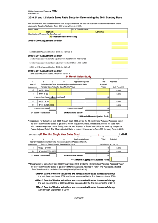 Form 2793 - 2010 24 And 12 Month Sales Ratio Study For Determining The 2011 Starting Base Printable pdf