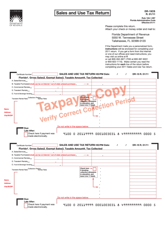 Form Dr-15c - Sales And Use Tax Return - 2011 Printable pdf