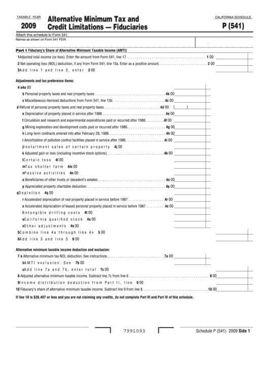 Fillable California Schedule P (541) - Alternative Minimum Tax And Credit Limitations - Fiduciaries - 2009 Printable pdf