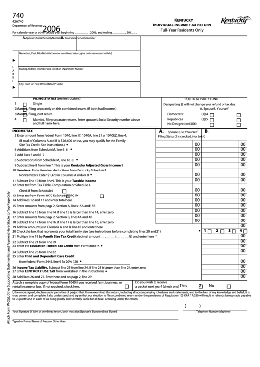 Fillable Form 740 - Individual Income Tax Return - Full-Year Residents Only - 2006 Printable pdf