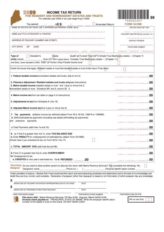 Form 1041me - Income Tax Return For Resident And Nonresident Estates And Trusts - 2009 Printable pdf