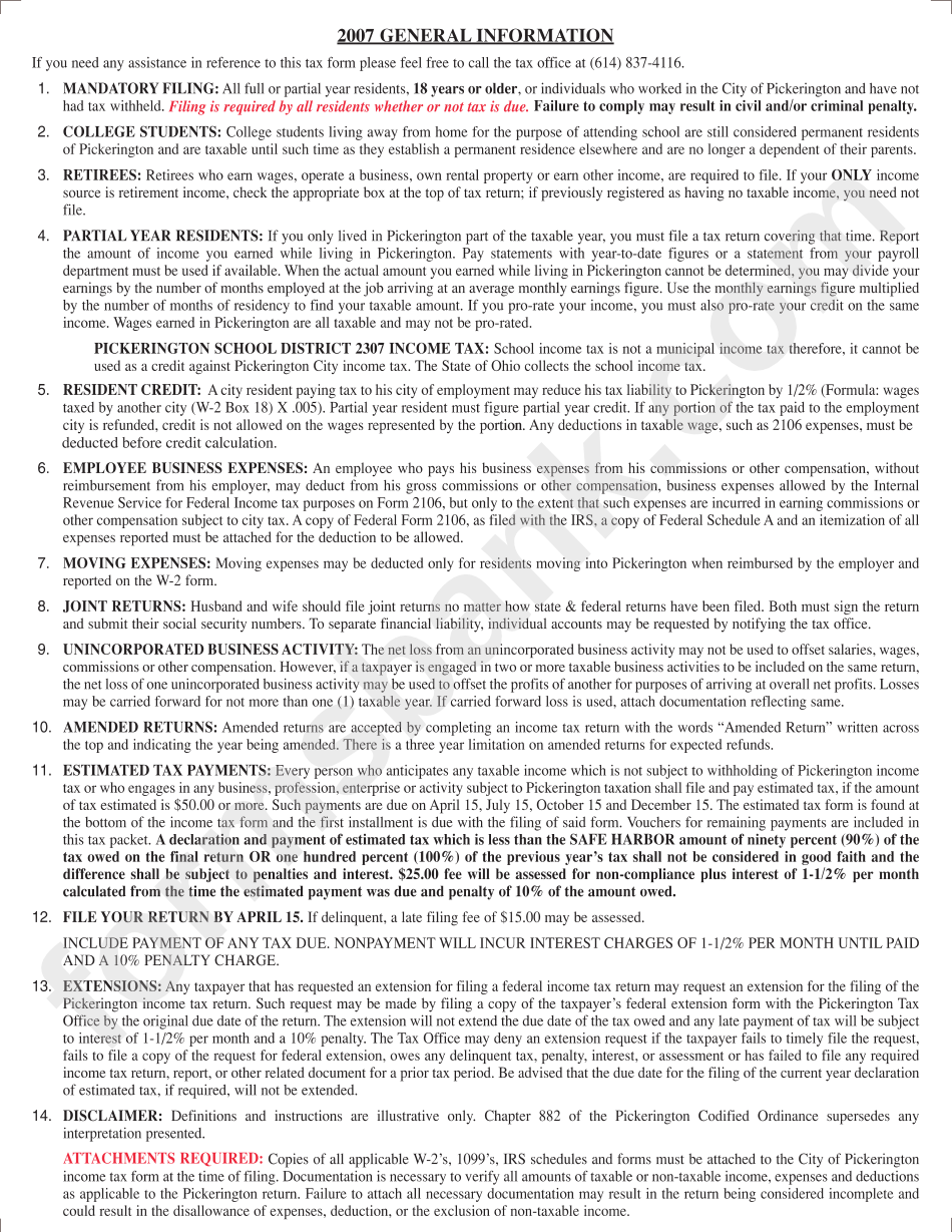 Instructions For Preparing City Of Pickerington 2007 Income Tax Return