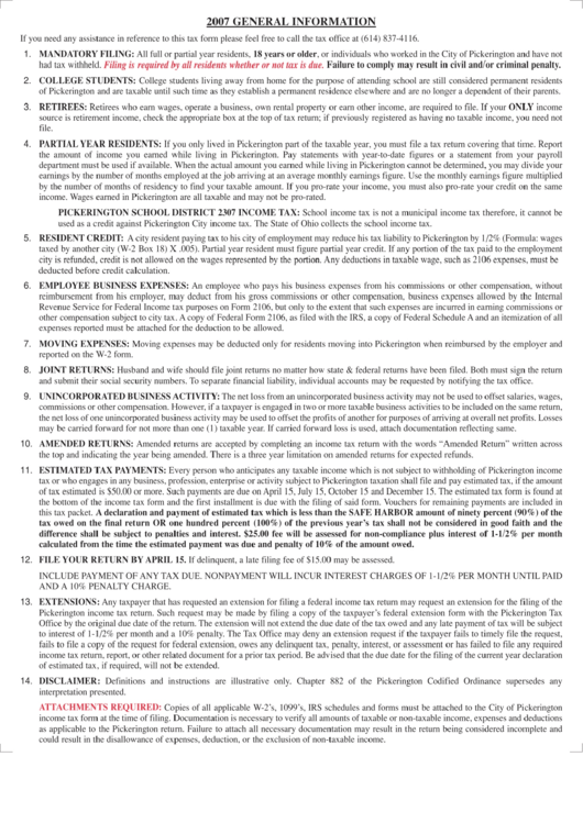 Instructions For Preparing City Of Pickerington 2007 Income Tax Return Printable pdf