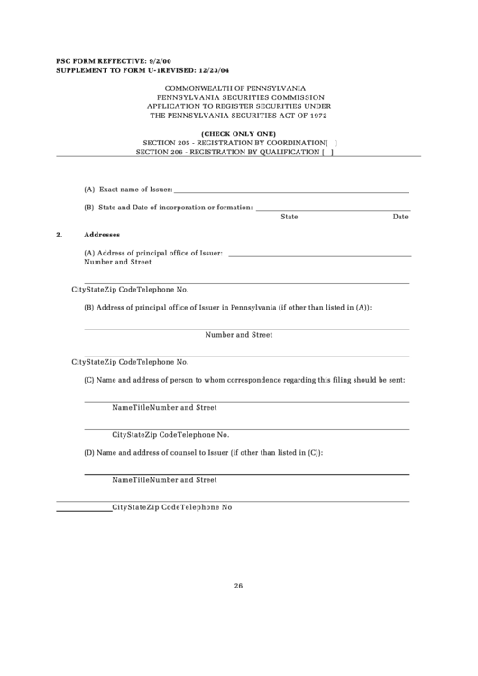 Psc Form R - Application To Register Securities Under The Pennsylvania Securities Act Of 1972 Printable pdf