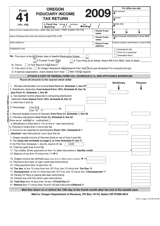 Fillable Form 41 - Oregon Fiduciary Income Tax Return - 2009 Printable pdf