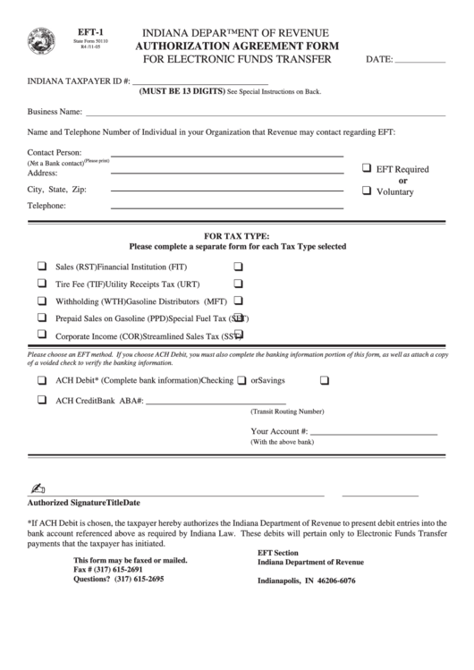 Fillable Form Eft-1 - Authorization Agreement Form For Electronic Funds Transfer - 2005 Printable pdf