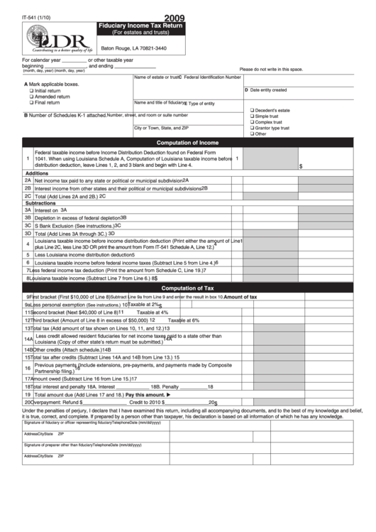 Fillable Form It-541 - Fiduciary Income Tax Return (For Estates And Trusts) - 2009 Printable pdf