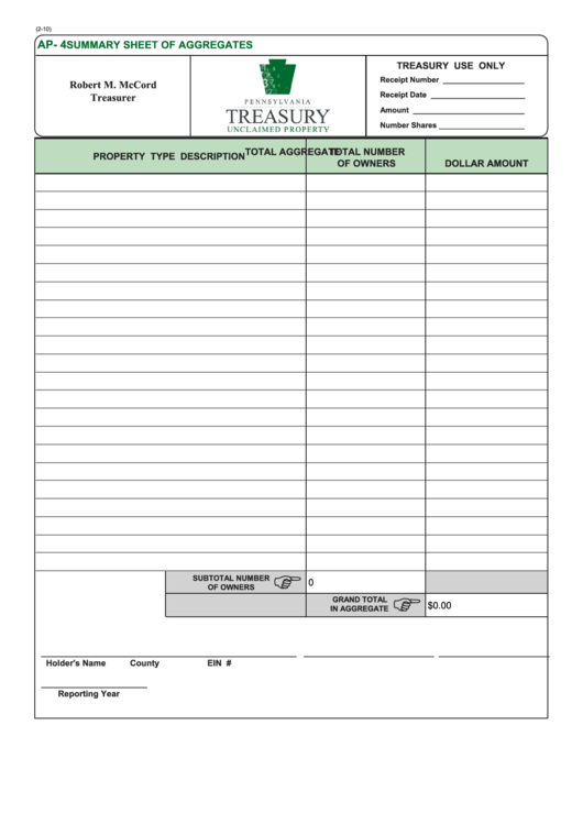 Fillable Form Ap- 4 - Summary Sheet Of Aggregates 2010 Printable pdf