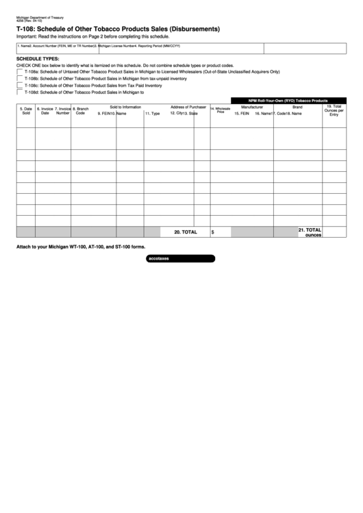 Form 4256 - T-108: Schedule Of Other Tobacco Products Sales (Disbursements) Printable pdf