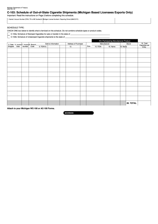 Form 4254 - C-103 - Schedule Of Out-Of-State Cigarette Shipments - 2010 Printable pdf