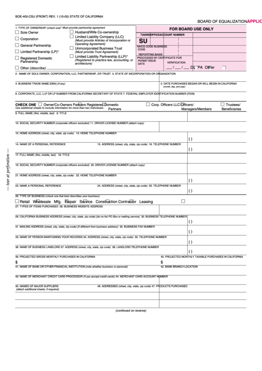 Fillable Form Boe-400-Csu - Application For Consumer Use Tax Account - 2005 Printable pdf