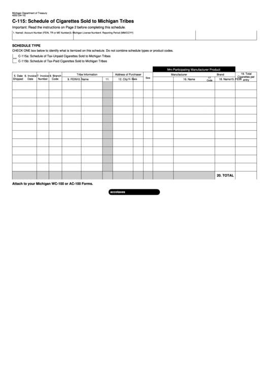 Form 4253 - C-115 - Schedule Of Cigarettes Sold To Michigan Tribes Printable pdf