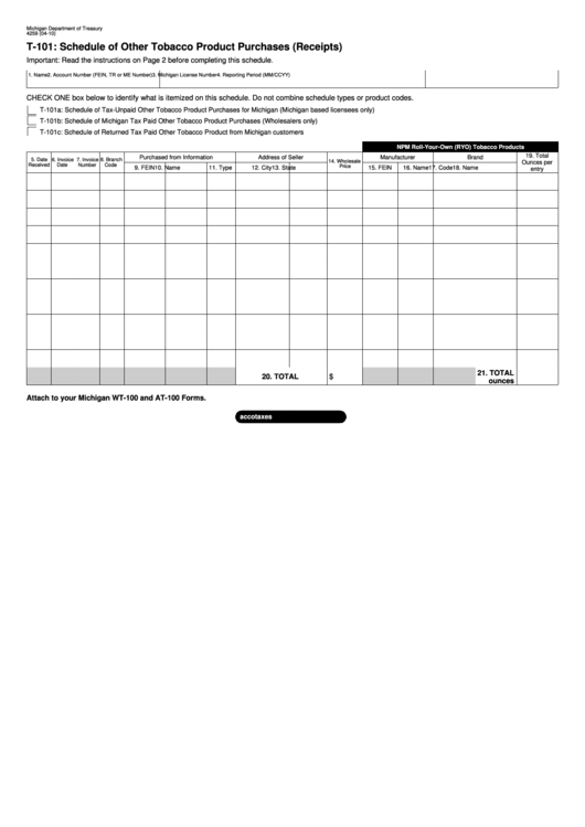 Form 4259 - T-101 - Schedule Of Other Tobacco Product Purchases- 2010 Printable pdf