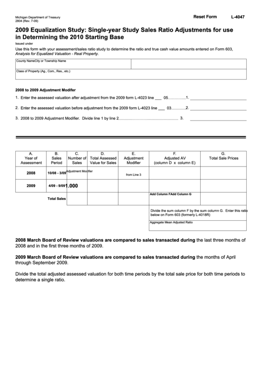 Fillable Form 2804 - 2009 Equalization Study: Single-Year Study Sales Ratio Adjustments For Use In Determining The 2010 Starting Base Printable pdf
