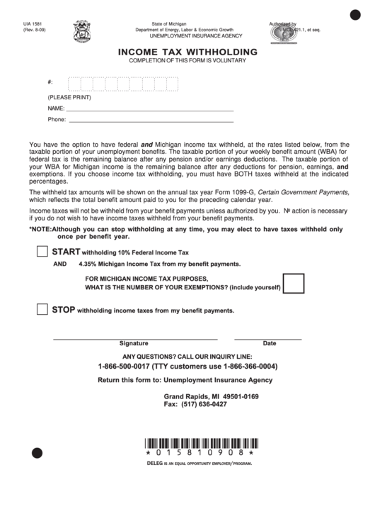 Fillable Form Uia 1581 - Income Tax Withholding Printable pdf