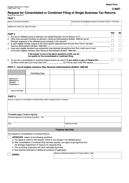 Fillable Form C-8007 - Request For Consolidated Or Combined Filing Of Single Business Tax Returns - 2005 Printable pdf
