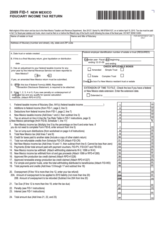 Form Fid-1 - New Mexico Fiduciary Income Tax Return - 2009 Printable pdf
