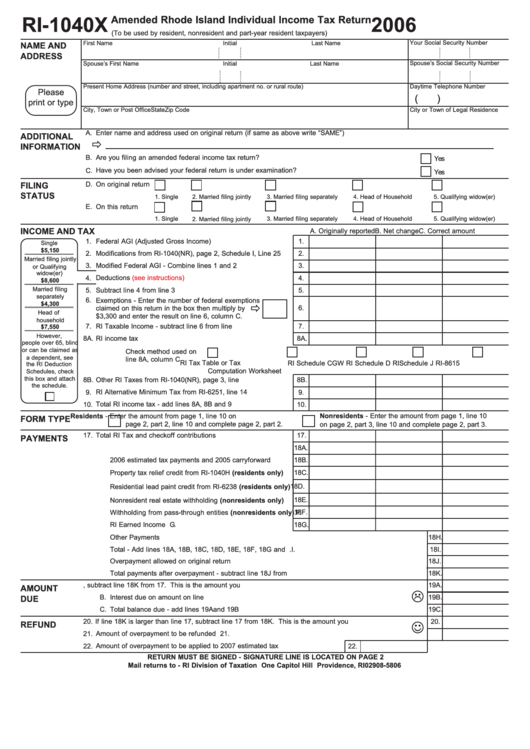 Form Ri-1040x - Amended Rhode Island Individual Income Tax Return - 2006 Printable pdf