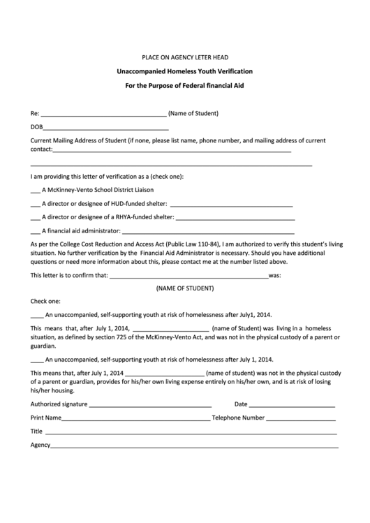 Fillable Unaccompanied Homeless Youth Verification For The Purpose Of Federal Financial Aid Form Printable pdf