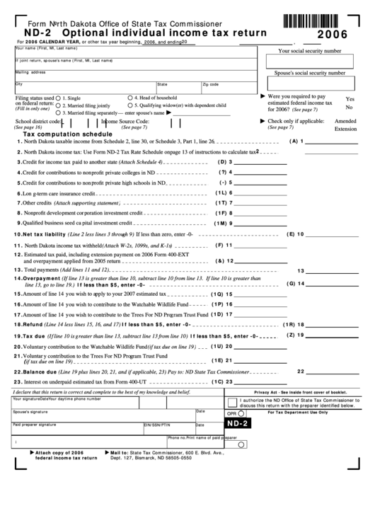 Fillable Form Nd-2 - Optional Individual Income Tax Return 2006 ...