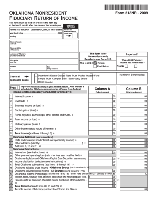 Fillable Form 513nr - Oklahoma Nonresident Fiduciary Return Of Income - 2009 Printable pdf