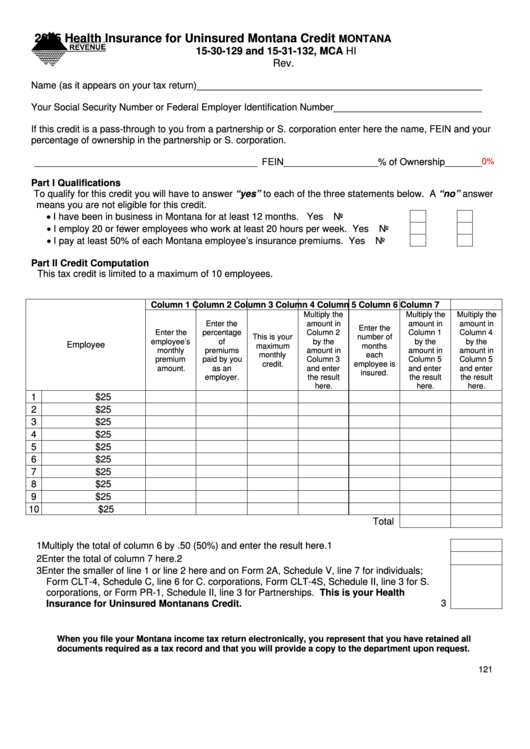Fillable Montana Form Hi - 2005 Health Insurance For Uninsured Montana Credit Printable pdf
