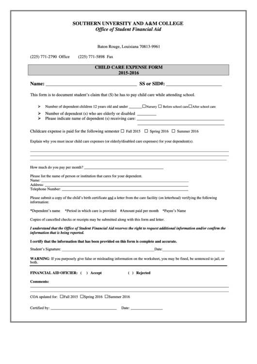 Fillable Southern Unversity And A&m College Child Care Expense Form - 2015-2016 Printable pdf