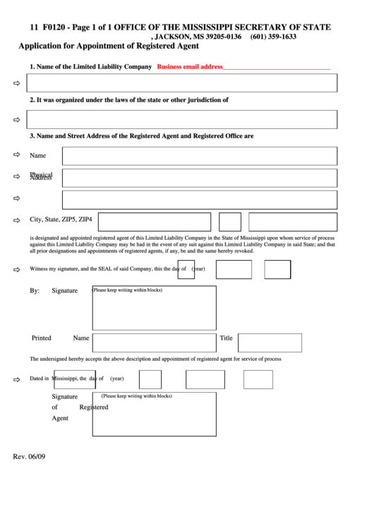 Fillable Form F0120 - Application For Appointment Of Registered Agent 2009 Printable pdf