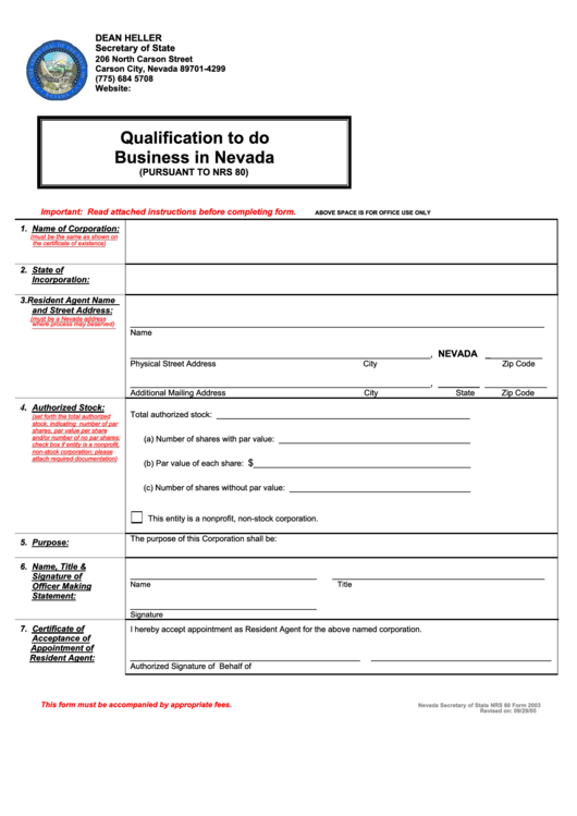 Form Nrs 80 - Qualification To Do Business In Nevada - 2005 Printable pdf