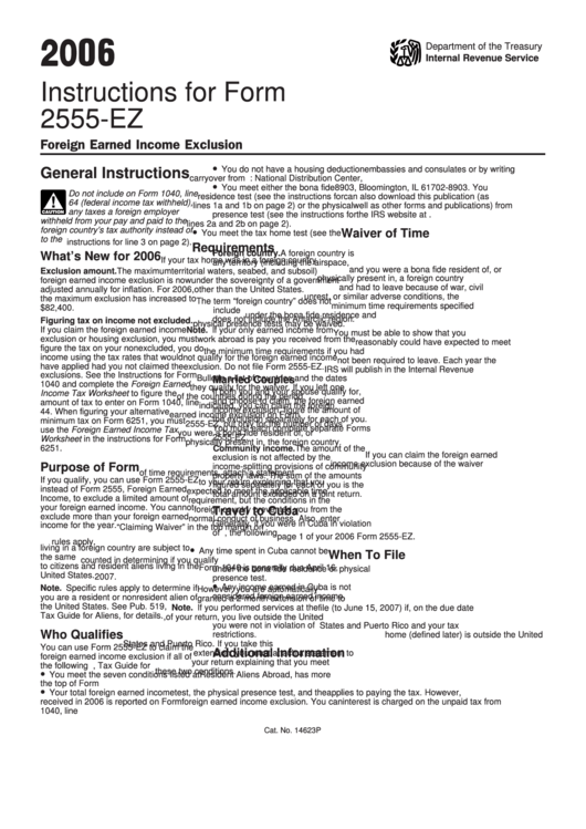 Instructions For Form 2555-Ez - Foreign Earned Income Exclusion - Internal Revenue Service - 2006 Printable pdf