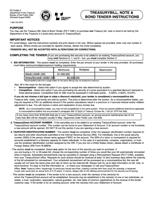 Instructions For Form Pd F 5382 E Treasury Bill, Note & Bond Tender Printable pdf