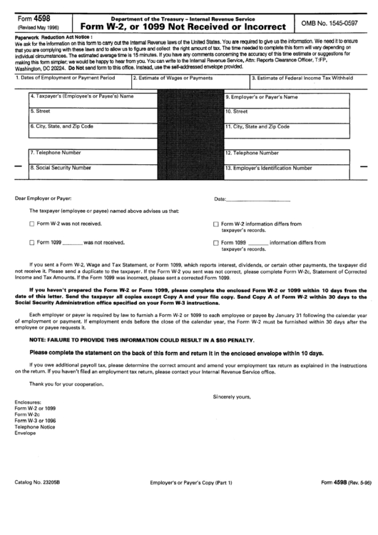 Form 4598 - Form W-2, Or 1099 Not Received Or Incorrect - Department Of Treasure Printable pdf