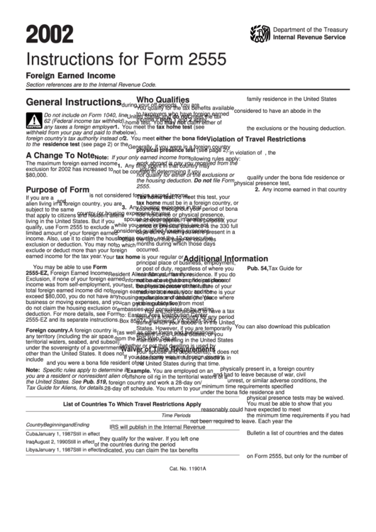 Instructions For Form 2555 - Foreign Earned Income - Internal Revenue Service - 2002 Printable pdf